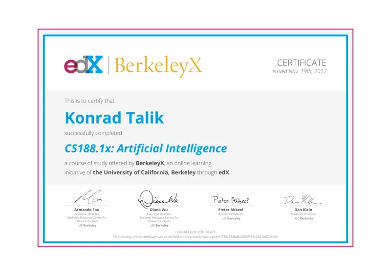 CS188.1x: Artificial Intelligence certificate