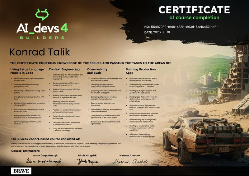 AI_devs 4: Builders certificate